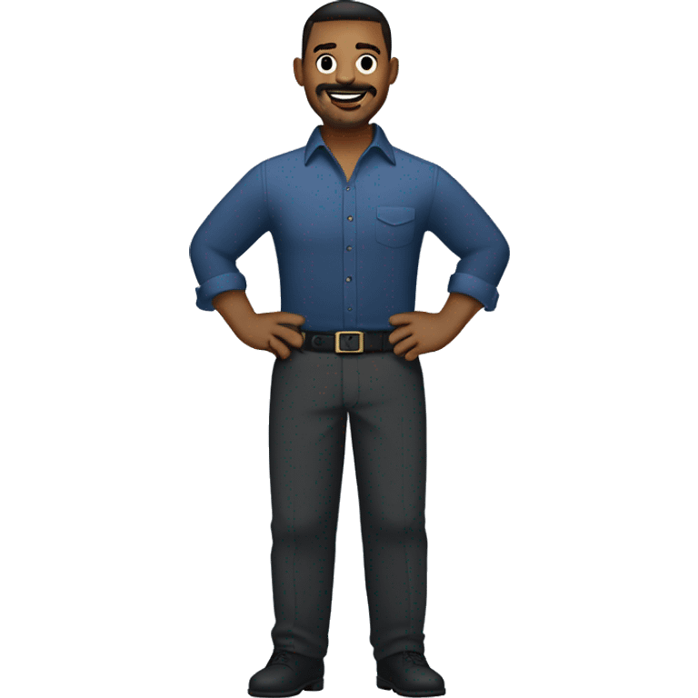  emoji of a man with short dark hair, clean-shaven, goatee and mustache.  wearing a formal button-up dark blue shirt, black pants, and a belt. smiling  with a smartwatch on his wrist. The style should be lighthearted and resemble professional attire emoji