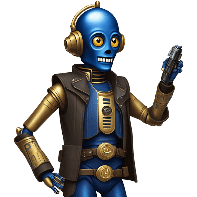 human-sized darkblue-pearl friendly smiling bounty hunter c3po droid wearing leather wild west duster, backpack, saddlebags holding light saber ready to fight but relaxed. antique emoji