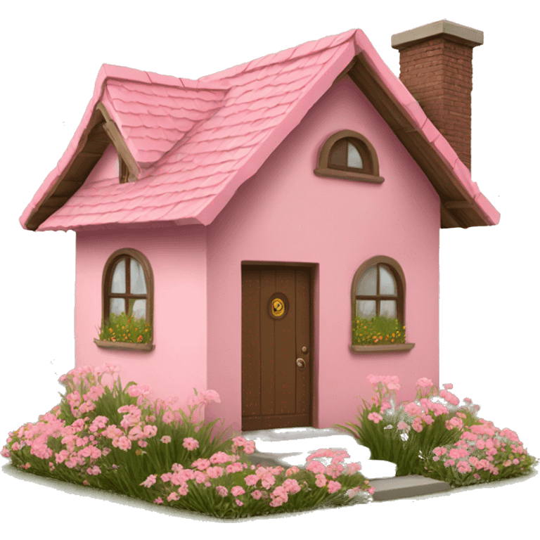 Emoji house with grass and flowers painted pink and a light brown roof emoji