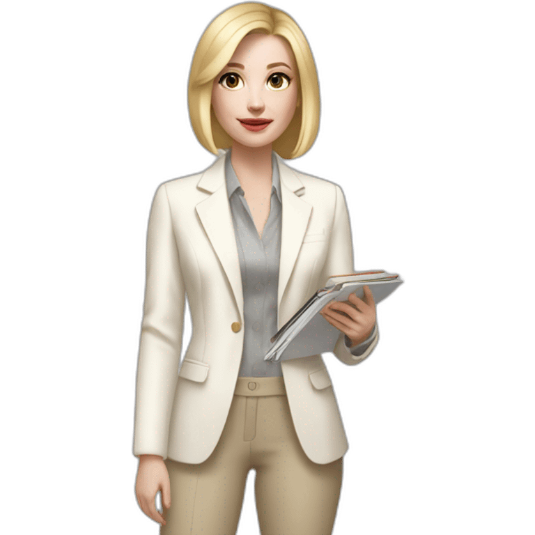 Full height pale skin woman with blonde Straightened bob Hair, White classical jacket, beige Arrow pants and gray blouse holding a color palette in the hands emoji