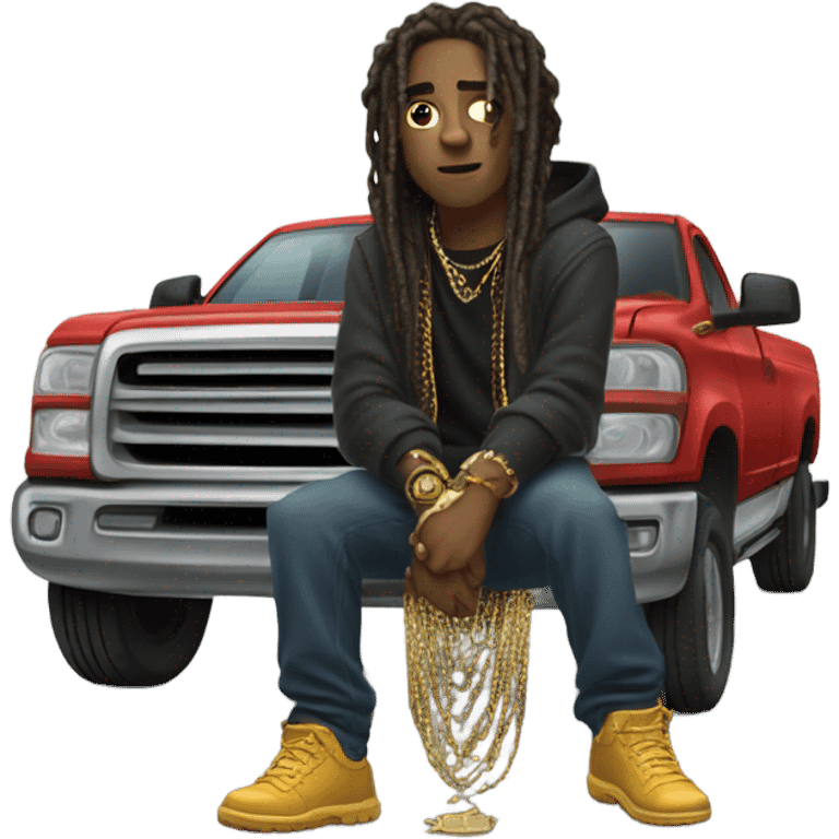 young hustler with dreads PUSHING TRUCK with both hands wearing a hoodie  with gold jewelry chains on emoji