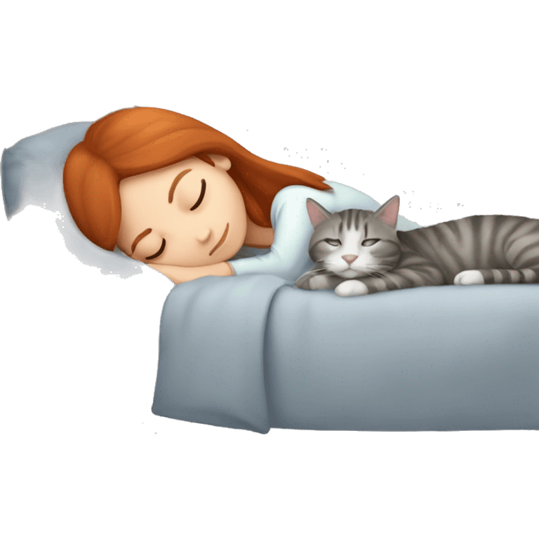 auburn hair girl sleeping with light gray tabby cat next to her emoji