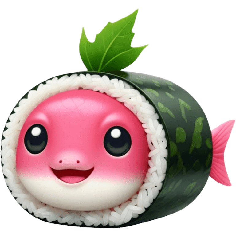 Cute Kawaii Maki Sushi Roll, small and round, wrapped in soft dark green seaweed, tiny grains of rice peeking out, a bright pink fish filling, a cheerful smiling face! emoji