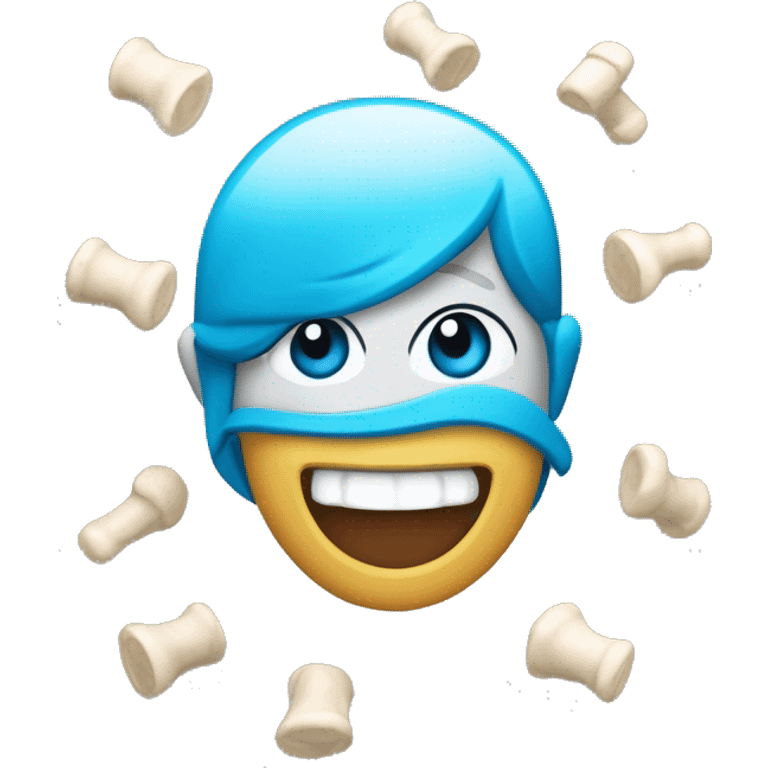 EMOJI SORRINDO DANDO JOIA COM BONE NAS ORES AZUL ARINHO, ZUL TURQUESA E BRANCO E COM A LOGO DO SUPERMERCADO LEAL. emoji