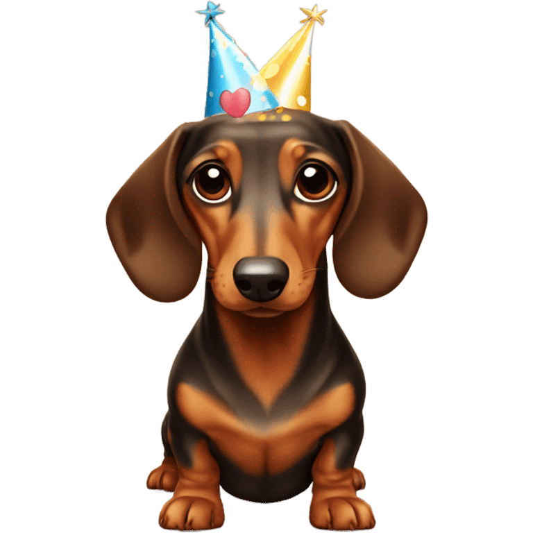 a brown and tan dachshund wearing a party hart  emoji