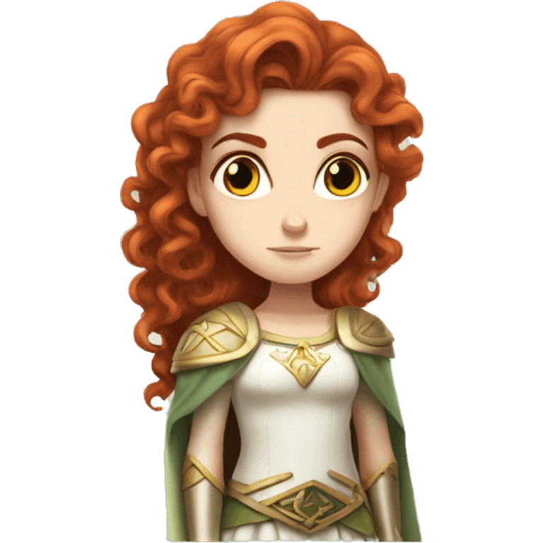 a white girl with long red curly hair and freckles, cosplaying Princess Zelda posing and being serious emoji