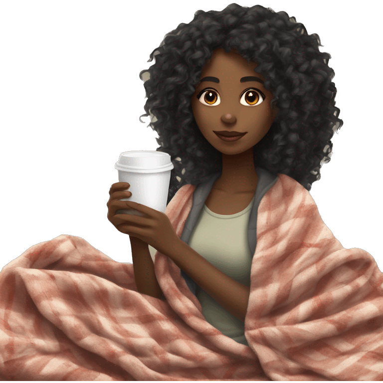 black girl, curly long hair, drinking coffe cozy with a blanket emoji