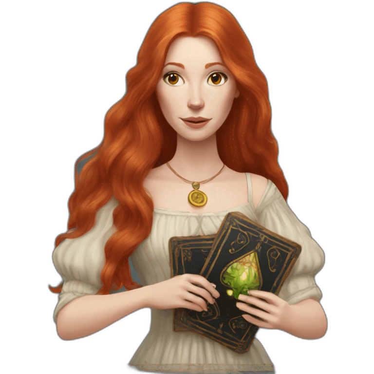 redhead white woman medium long straight hair, holding a tarot card in her hand emoji