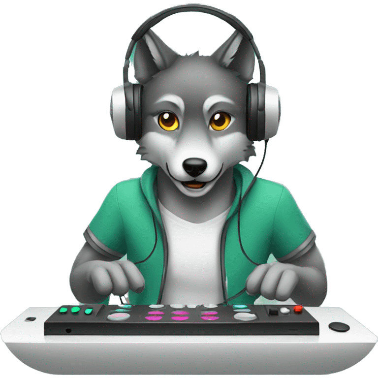 a wolf playing video games wearing headphones emoji