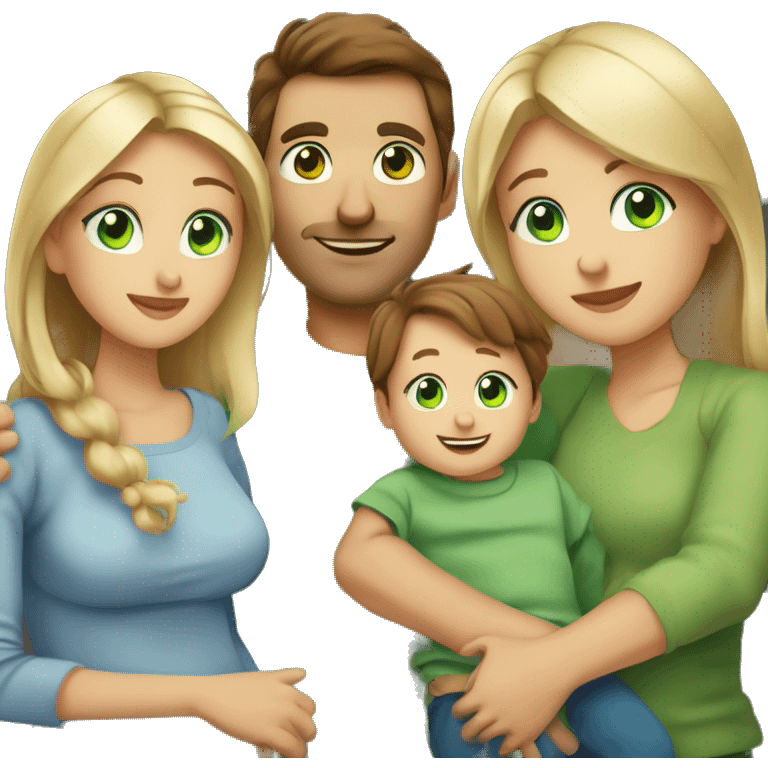 Mom with brown hair and green eyes holding a baby boy  with brown hair and blue eyes in her arms  next to dad with brown hair and green eyes holding hands with a an older girl with blonde hair and blue eyes next to a young boy with brown hair  emoji