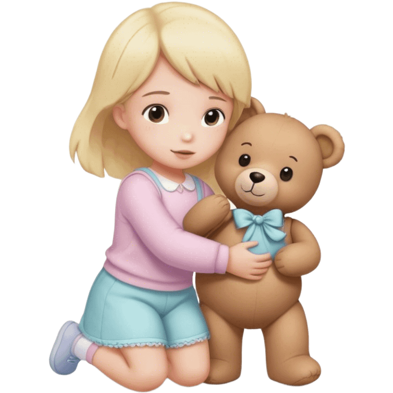 
a child in pastel clothes picks up a teddy bear emoji