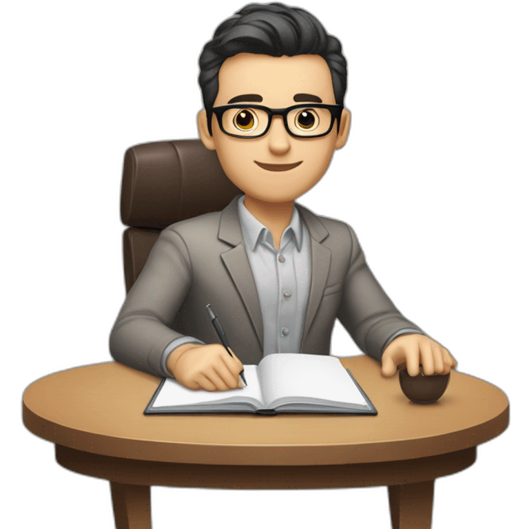 Pale skinned Fit Man With dark brown hair in gray jacket, beige office shirt and vintage glasses sitting In a soft chair with a notebook with emblem Ψ and a pen in his hands emoji