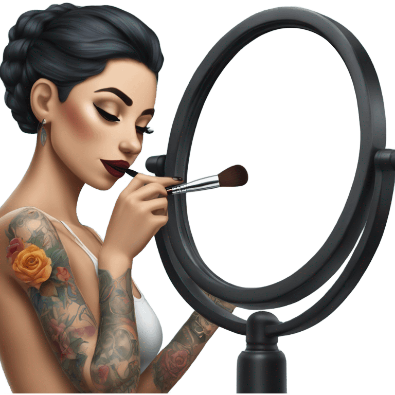 Hyper Realistic Beautiful tattooed woman applying her makeup in a mirror  emoji