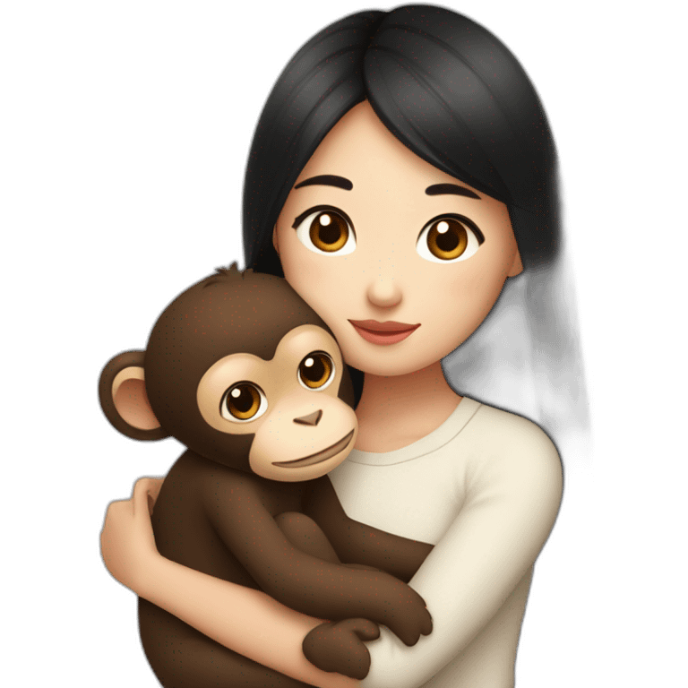 Asian girl with brown eyes and black hair and cute top cuddling a brown lovely monkey emoji