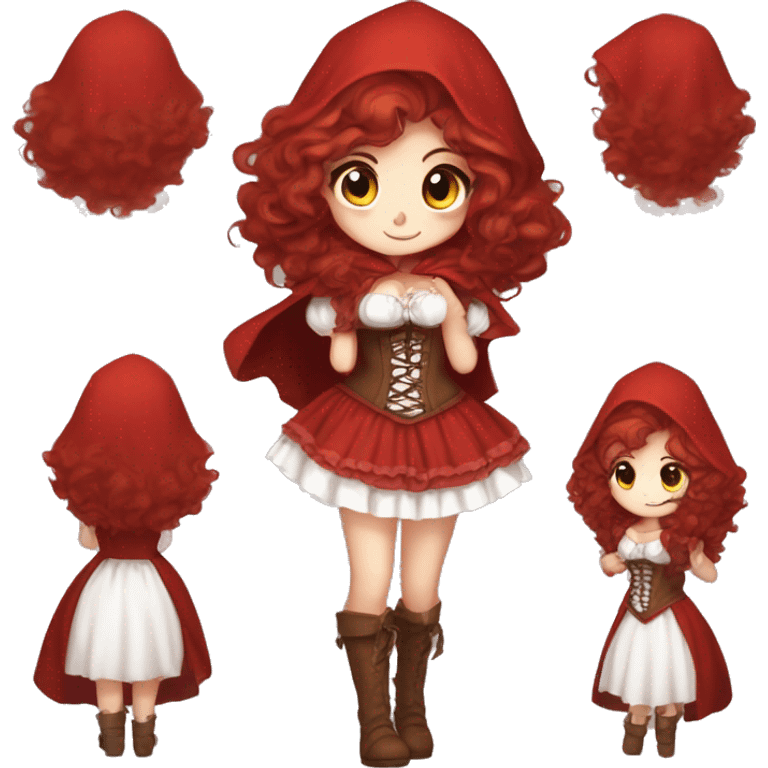 Little Red Riding Hood long curly red hair, brown corset and dress full body pose non-chibi emoji