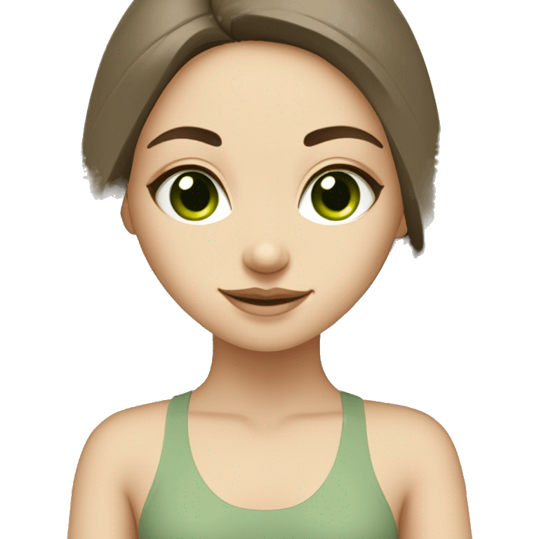 White brunette Girl with green eyes doing yoga in beige tones  emoji