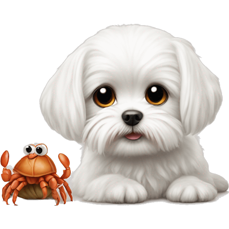 Adorable white Maltese posing with an adorable hermit crab emoji