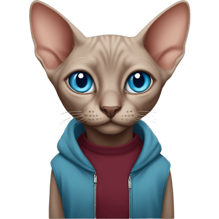 sphinx cat with blue eyes in a burgundy sweatshirt emoji