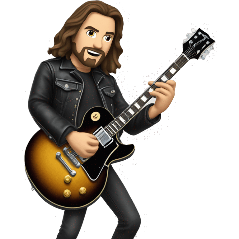 A man with Long brown hair and goatee is wearing a black leather jacket, black spandex pants, Chuck Taylor shoes while playing a Gibson Les Paul guitar  emoji