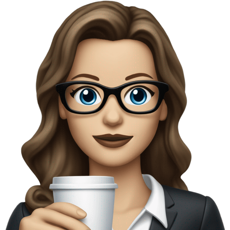 Lifelike model Kate Beckinsale blue eyes wearing glasses in a business dress drinking a cup of tea  emoji