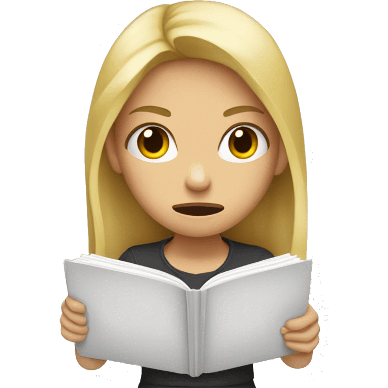 a blonde girl who tears up a notebook with her hands with an angry look emoji