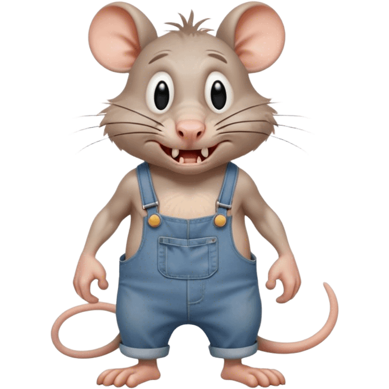  depressed disheveled dizzy cartoon hillbilly rat wearing overalls no shirt. standing and talking full body. human eyes. teeth showing talking. walking talking moving arms. angry expression sad emoji