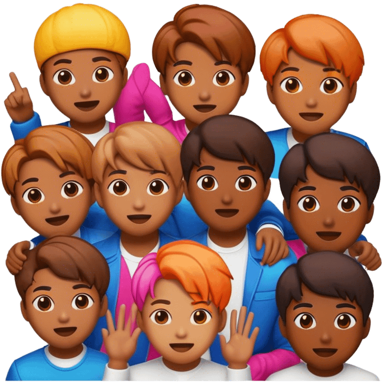 Cinematic Realistic BTS Pop Culture Emoji, featuring a dynamic, energetic portrayal of the acclaimed K-pop group rendered with vibrant textures and energetic, colorful lighting. emoji