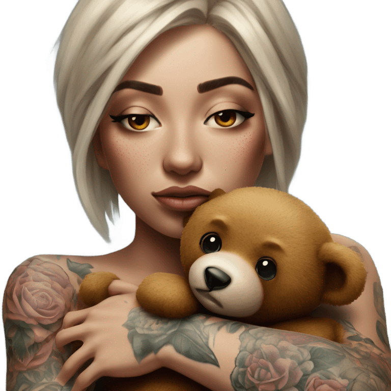 Hyper Realistic Beautiful tattooed woman crying lying hugging a Teddy bear emoji