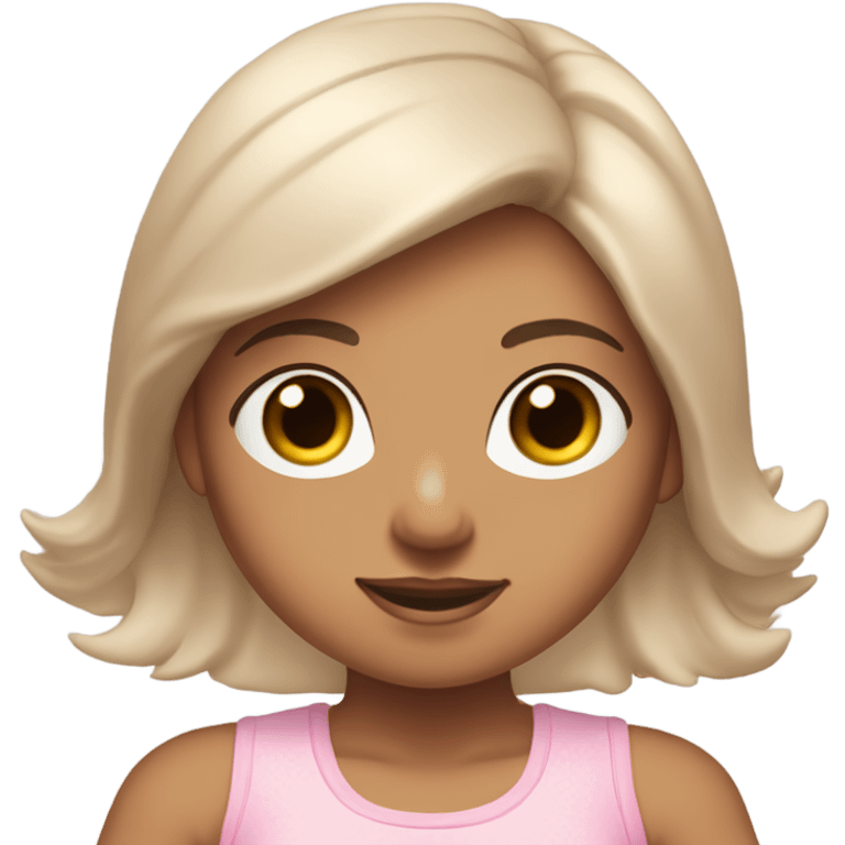 A girl with brown long hair, white skin tone and brown eyes is sitting in a lotus position in a pink bra top and short white skirts emoji