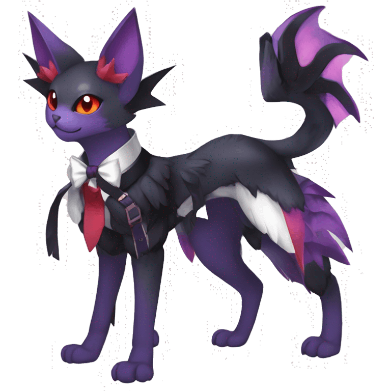  kawaii edgy black purple red ethereal fantasy beautiful elegant nargacuga-Noivern-cat-Fakemon collar harness bow tie and bracers full body emoji