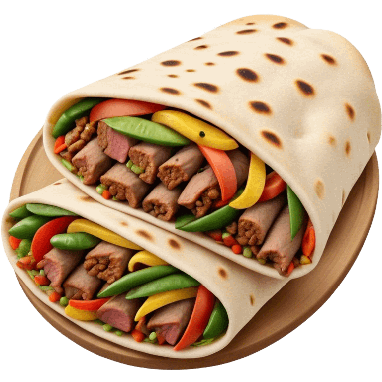 Cinematic Realistic Shawarma Dish Emoji, showcasing spiced, succulent meat wrapped in flatbread with fresh vegetables rendered with lifelike detail and dynamic, appetizing lighting. emoji