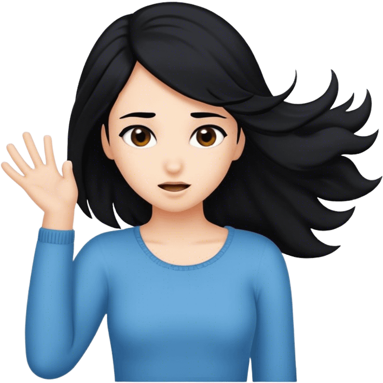 Girl with fair skin and black hair flipping hair back emoji