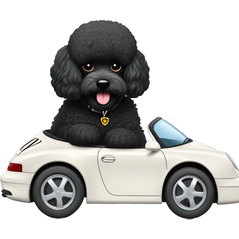 Black poodle with white beard sitting in a porsche 992 with color kreide  emoji