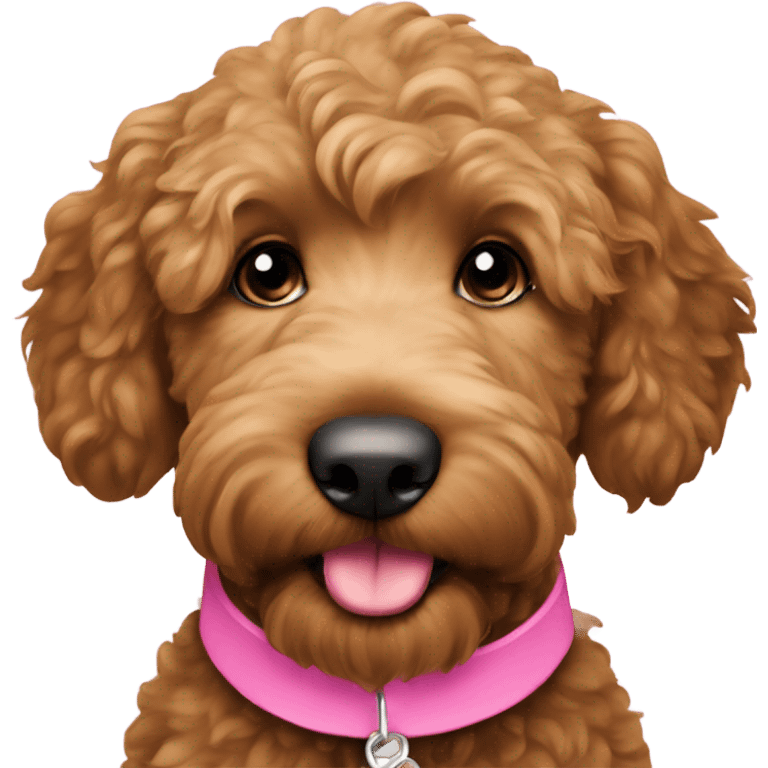 Mini medium brown female golden doodle pink collar emoji