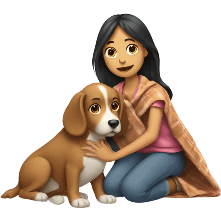 Girl petting a dog with a blanket on it emoji