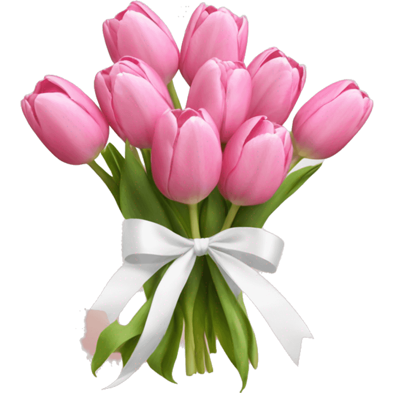 Pink tulip bouquet with white ribbon tied around it emoji