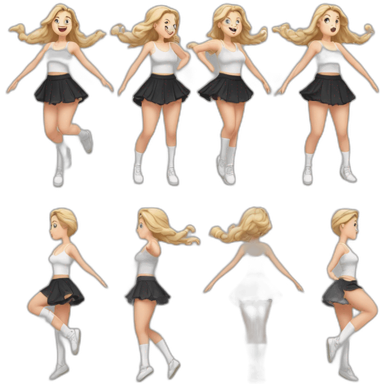 full body caucasian curvy beauty jumping short black skirt back and front views strong wind white knickers long white socks emoji