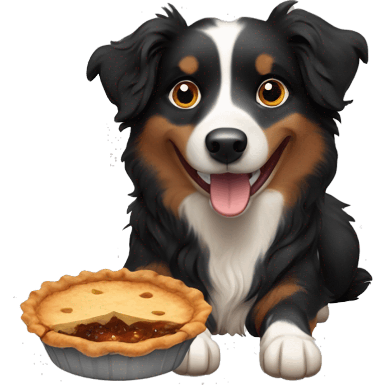 Small black australian shepherd dog eating pie  emoji