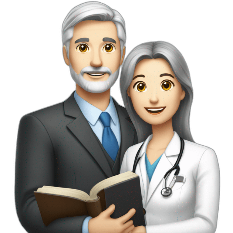 husband classy caucasian partly gray hair trimmed beard wearing business suit holding bible, with wife asian age 55 dark hair nurse uniform, no children emoji