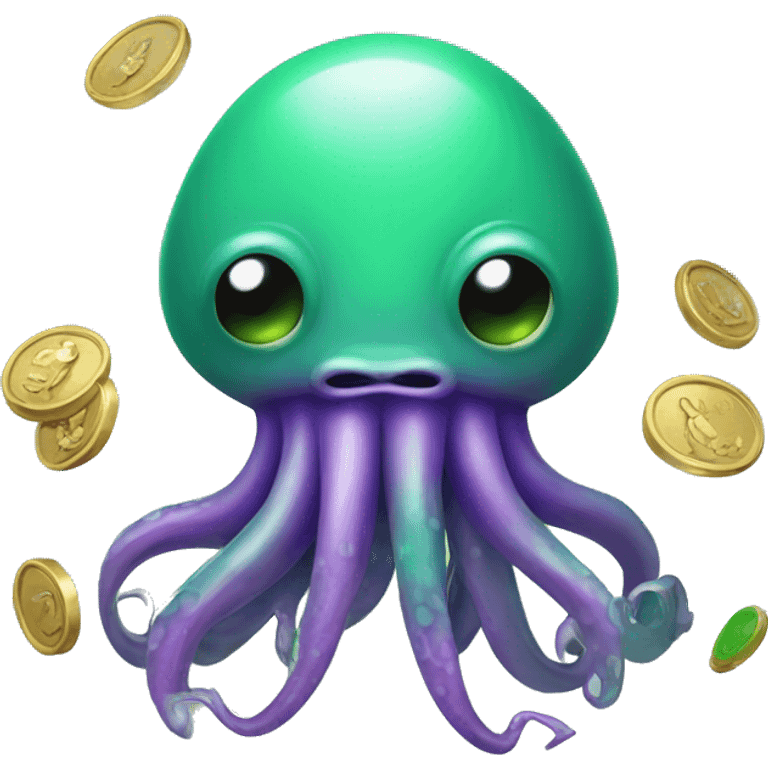 green and purple squid with coins emoji