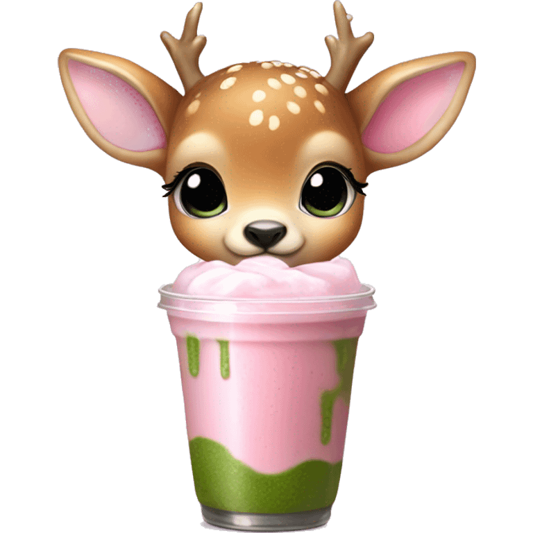 baby deer with fairy wings and a pink bow around its neck drinking iced matcha latte  emoji