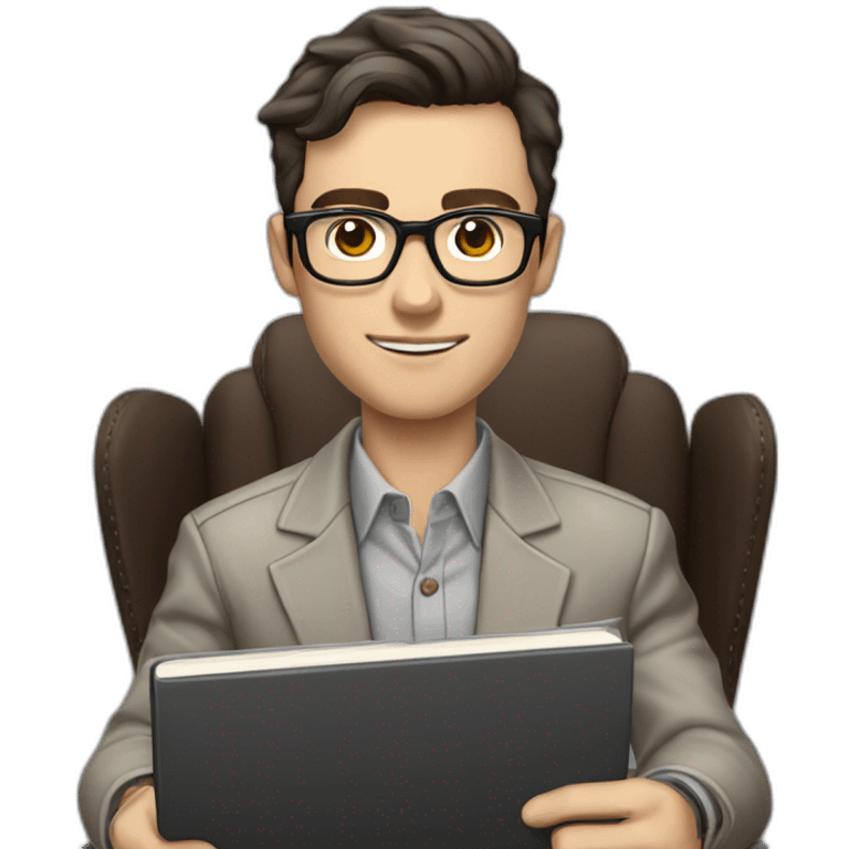 Pale skinned Fit Man With dark brown hair in gray jacket with emblem Ψ, beige office shirt and vintage glasses sitting In a chair with a notebook and a pen in his hands emoji