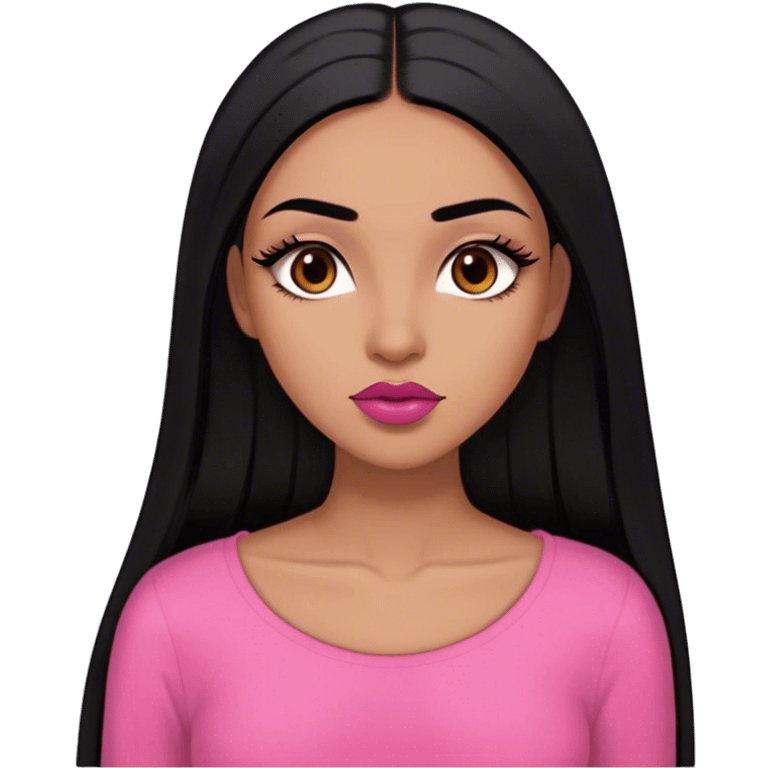 Woman,light brown skin,super long black straight hair, medium brown arched eyebrows, full lashes, red nude lips , pink shirt emoji