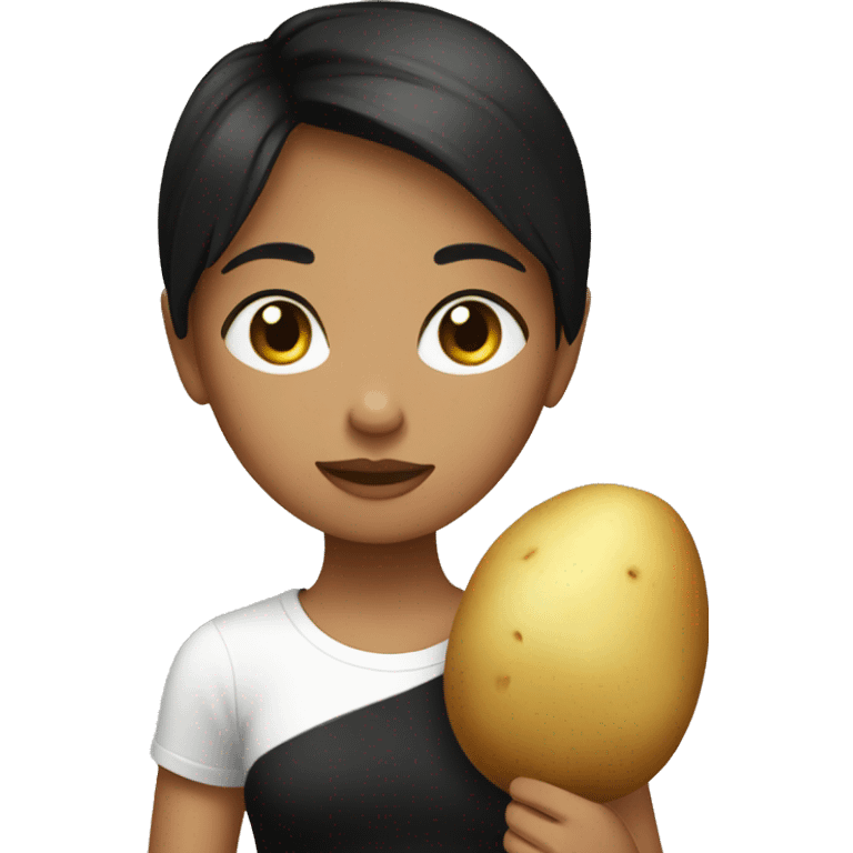 Girl with dark brown short hair and black t-shirt holding a potato  emoji