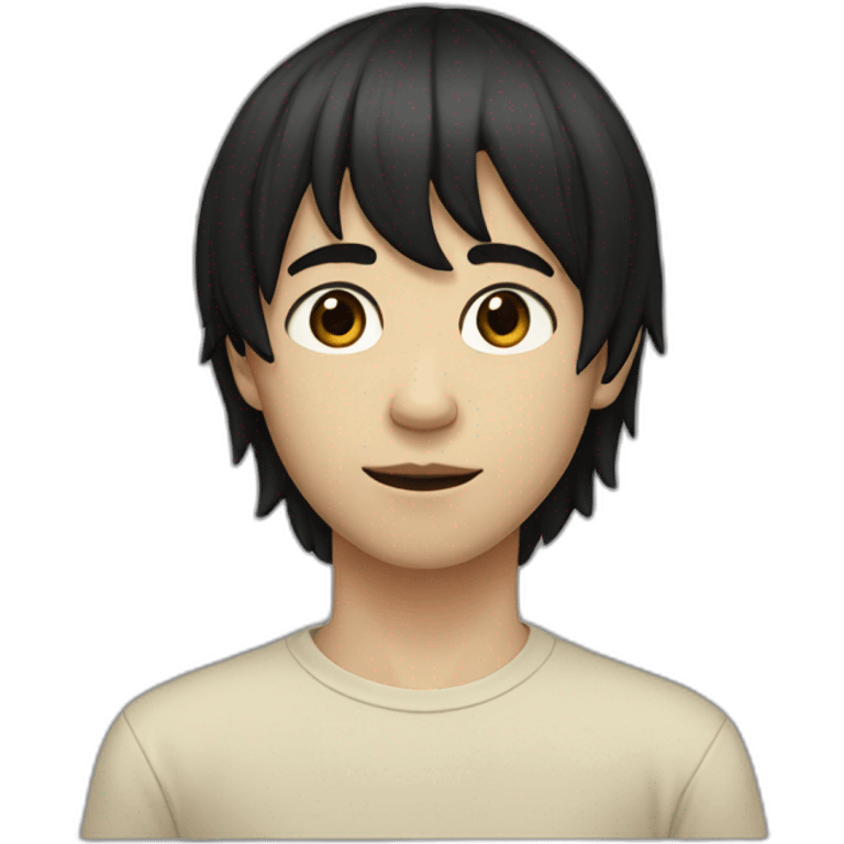 realistic teenager with white skin.  he has very black hair.  He has bangs to the right, his eyes are black, he also has a beige T-shirt, he is tall, he has an elongated neck and head emoji