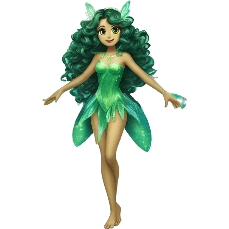 Aisha adult fairy of ocean / sea her enchantix fairy green / dark green sparkling two-piece clothing and fairy enchantix wings and long dark brown curlyhair in from winx club. Lots of sparkles and fairydust. Full body pic and full fairy bliss emoji