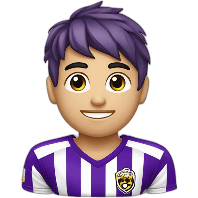 Niño rubio futbolista camiseta rayas verticales moradas emoji