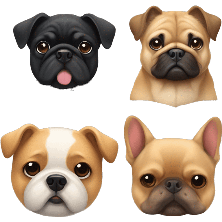 A black pug a chow chow and a fawn french bulldog emoji