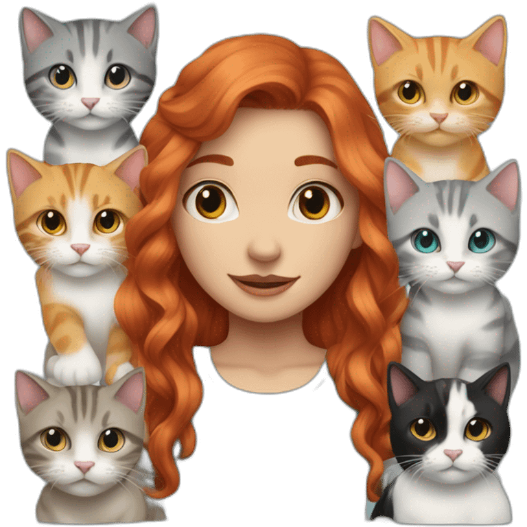 a red haired girl with aqua eyes surrounded by 9 cats of which  3 are black , 1 is white and grey , 5 are tabby grey emoji