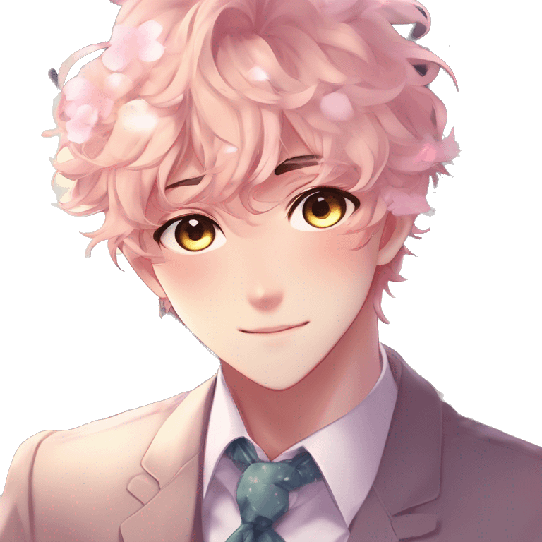 Gorgeous romantic hot attractive anime style formal modern gentlemanly anime shojo guy with pretty hair and flower petals and blushing face aesthetic trending style with colorful gradient colors  pastelcore cottagecore kawaiicore emoji